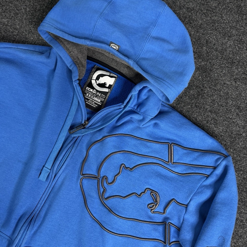 VTG Y2K Ecko Unltd. Zip Hoodie Sweatshirt Mens XXL Blue Black Embroidered Skate